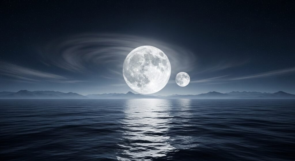 An imaginative landscape of Earth at night with two moons in the sky, casting dramatic light on the ocean.