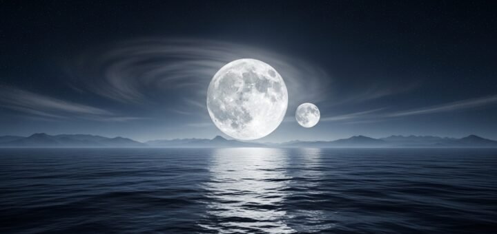 An imaginative landscape of Earth at night with two moons in the sky, casting dramatic light on the ocean.