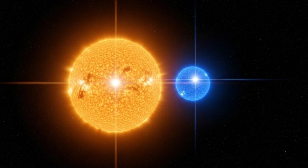 A telescopic view of the double star Albireo, showing one bright golden-orange star and one smaller sapphire-blue star close together.