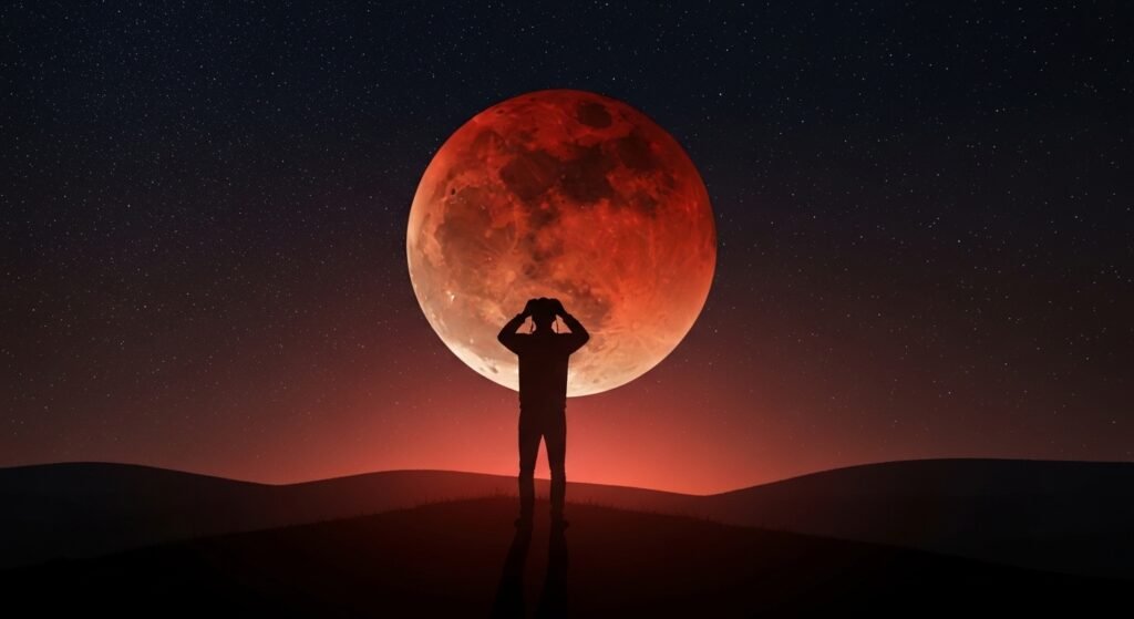 A person using binoculars to observe a total lunar eclipse under a clear night sky, capturing the wonder of the event.