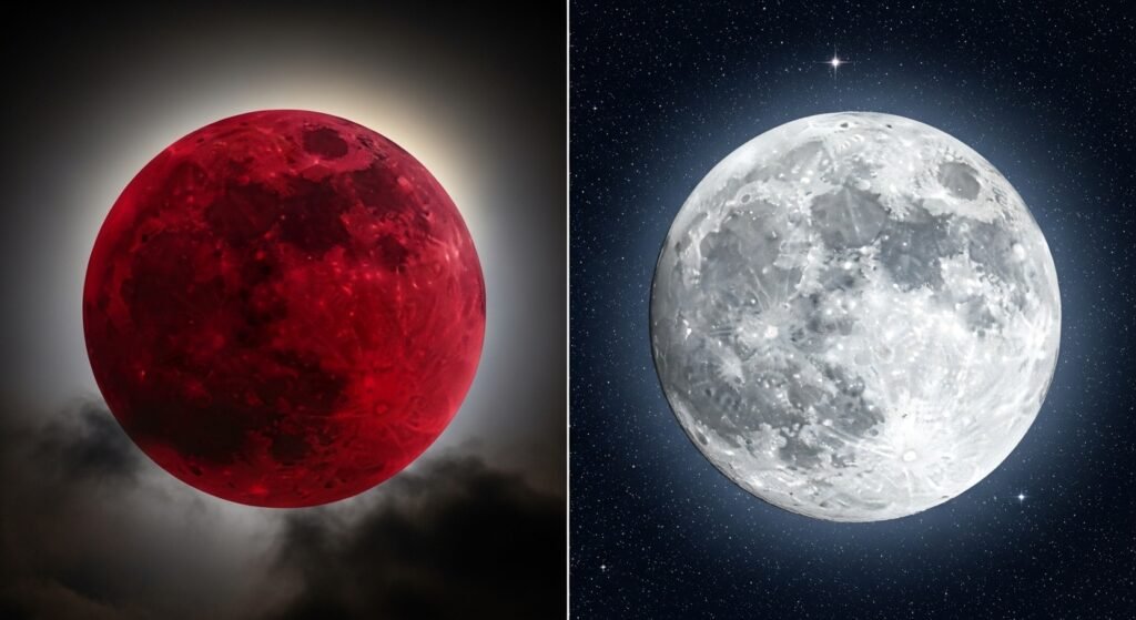 A split-screen illustration showing a dramatic red blood moon on the left and a large, bright silver supermoon on the right.