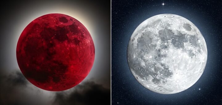 A split-screen illustration showing a dramatic red blood moon on the left and a large, bright silver supermoon on the right.