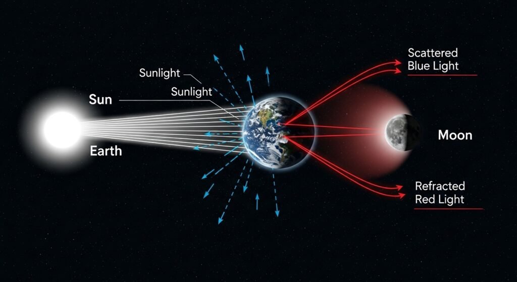A scientific diagram showing Earth between the Sun and the Moon, illustrating sunlight filtering through Earth's atmosphere to turn the moon red.