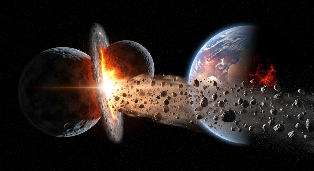Artist concept of a massive collision between two proto-moons in early Earth orbit, resulting in the formation of the Moon.