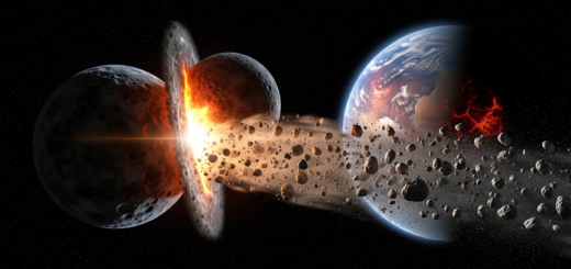 Artist concept of a massive collision between two proto-moons in early Earth orbit, resulting in the formation of the Moon.