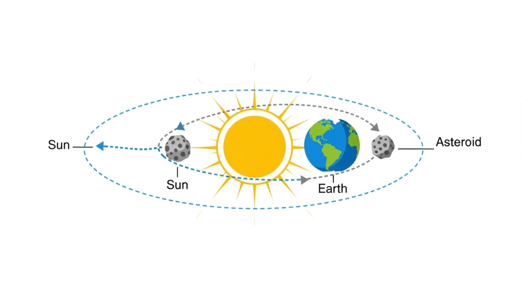 Top-down view of Earth and a near-Earth asteroid in orbital resonance around the Sun.