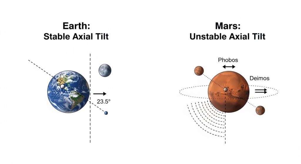 Scientific diagram comparing the stable axial tilt of Earth with one moon versus the unstable tilt of Mars with two small moons.
