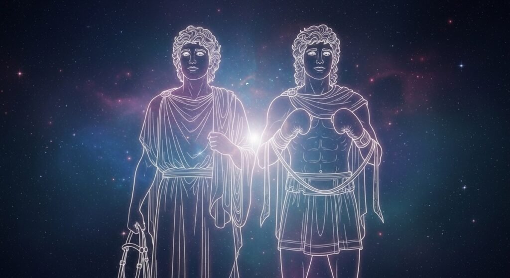 A breathtaking wide-angle shot of a person standing under a starry night sky, with the bright stars of the Gemini constellation highlighted above the horizon.