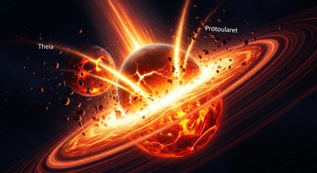 A dramatic illustration of the Giant Impact Hypothesis, showing a protoplanet colliding with the early Earth.