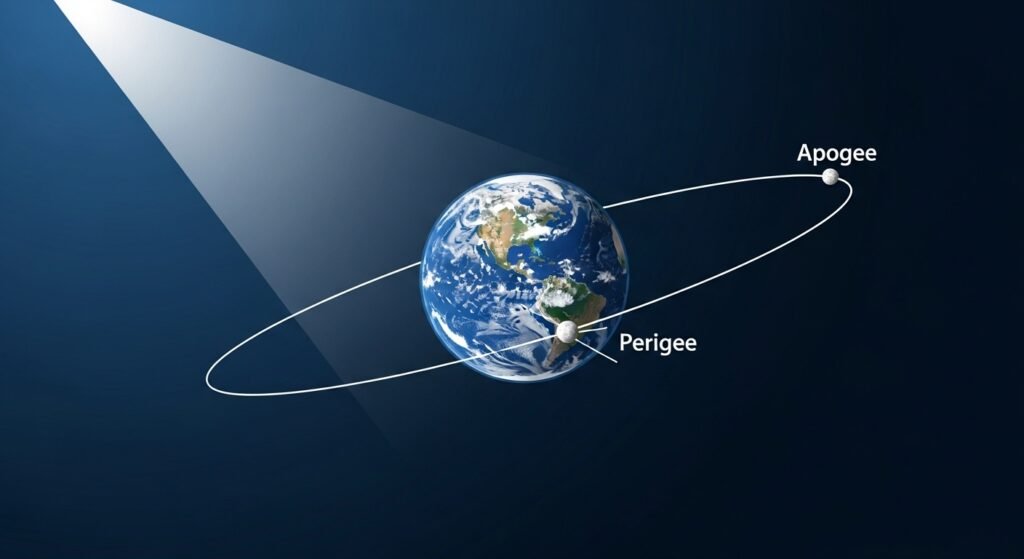 An educational diagram showing the Moon's elliptical orbit around Earth, highlighting the perigee (closest point) and apogee (farthest point).
