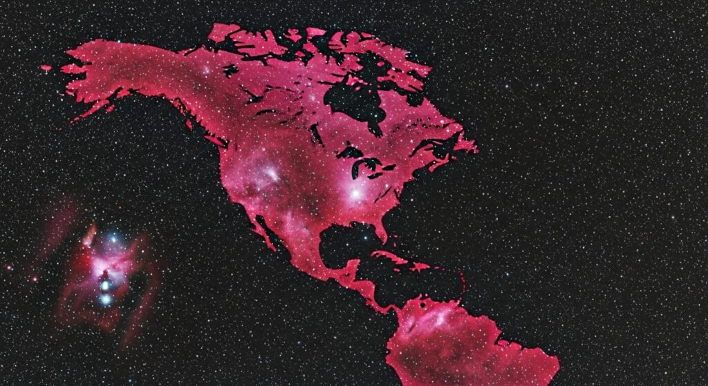 A vibrant deep-space photograph of the North America Nebula in the Cygnus constellation, showing glowing red ionized hydrogen gas.