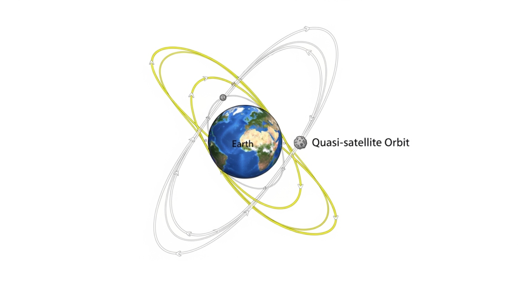 Scientific diagram showing the looping relative orbit of a quasi-satellite moving around Earth.