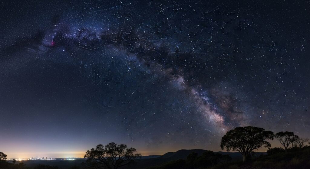 Featured image for Queensland stargazing guide, showing the Gold Coast hinterland at night with a crescent moon and the Milky Way.