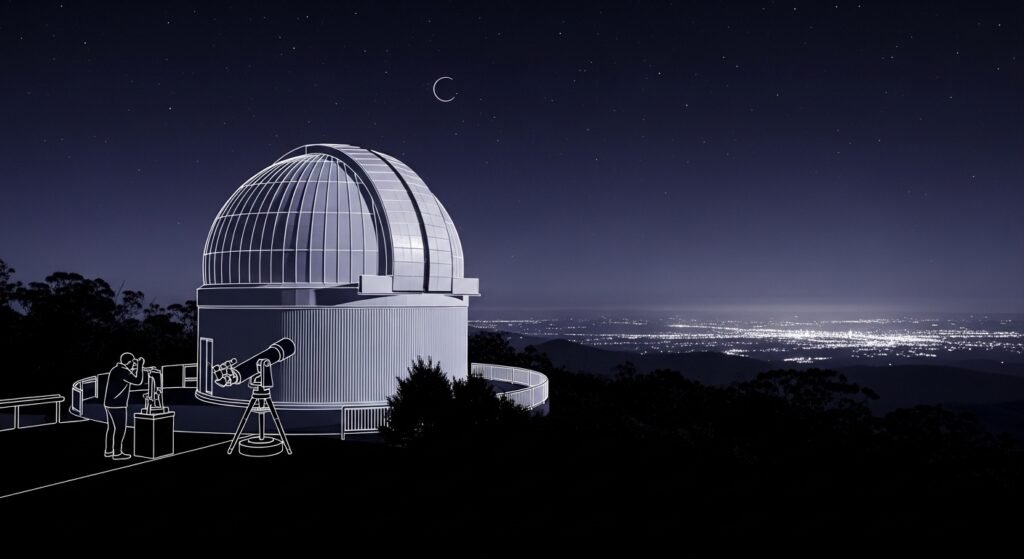 A hybrid style illustration and night photograph of Sir Thomas Brisbane Planetarium on Mount Coot-tha, Brisbane, with a wide-angle view of the sparkling city lights below and a starry sky with a clear crescent moon.
