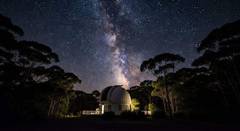 A minimalist night photograph of Springbrook Research Observatory with the Milky Way under a clear sky.