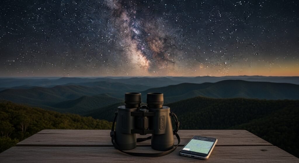 A pair of black binoculars and a smartphone displaying a star map app on a wooden table, overlooking a vast mountain range under a brilliant Milky Way in the Sunshine Coast hinterland.
