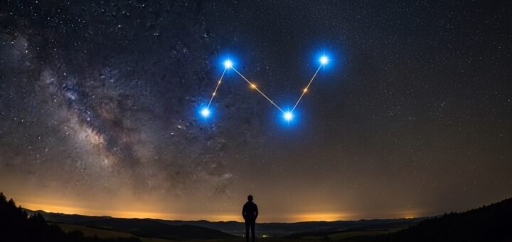 A photorealistic wide-angle view of a person standing on a hill at night, gazing up at a brilliant starry sky with the Gemini constellation and Milky Way visible.
