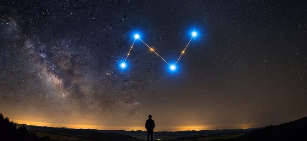 A photorealistic wide-angle view of a person standing on a hill at night, gazing up at a brilliant starry sky with the Gemini constellation and Milky Way visible.