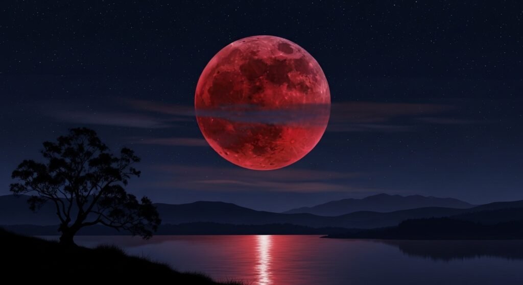 A breathtaking view of a full blood moon glowing deep crimson in a dark starry night sky above a peaceful landscape.