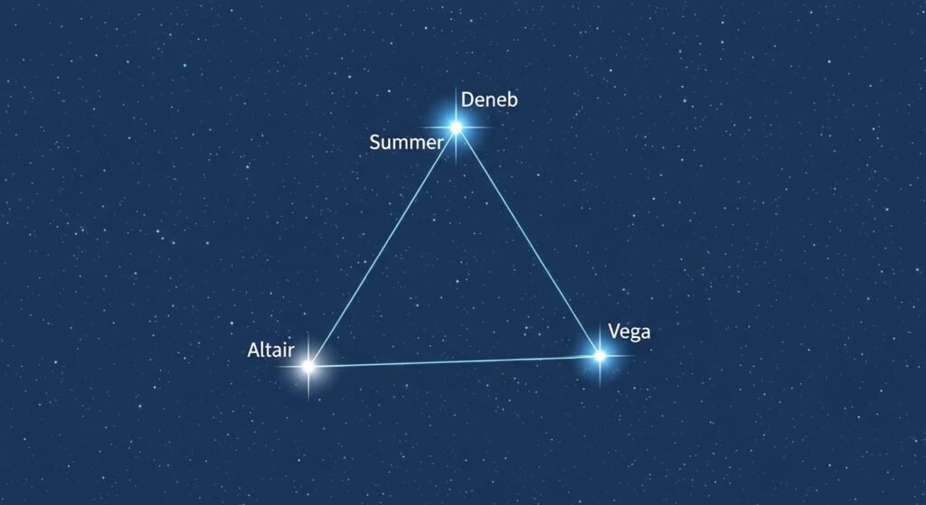 A star map showing the Summer Triangle formed by the three bright stars Deneb, Vega, and Altair in the night sky.
